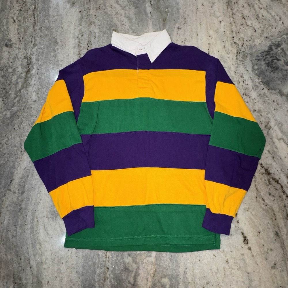 VTG Y2K Mardi Gras Rugby Shirt Men's Sz Medium Colorblock White Collar Parade